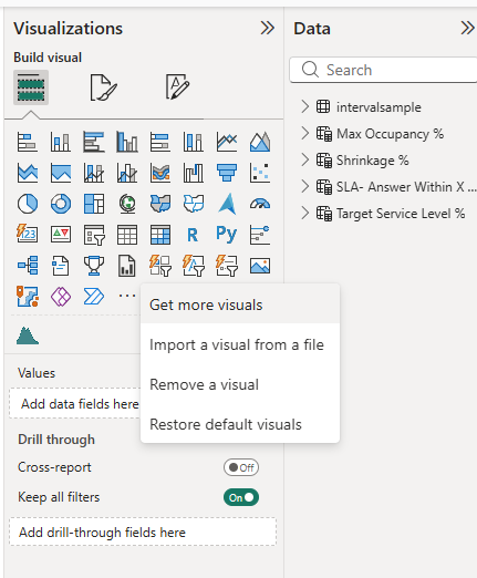The Visualizations pane with the ... menu open, showing "Get more
visuals"