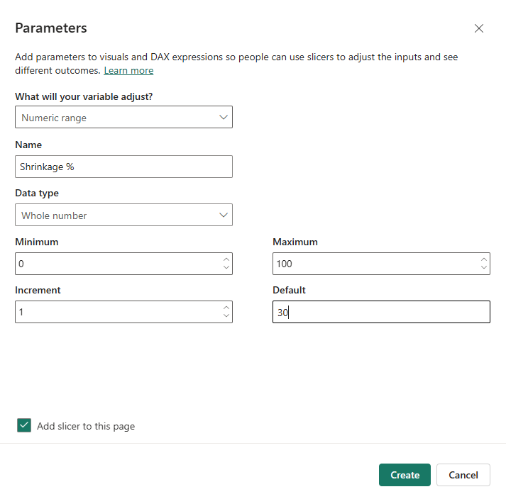 The completed parameter dialog: whole number, 0 to 100, increment 1, default
30